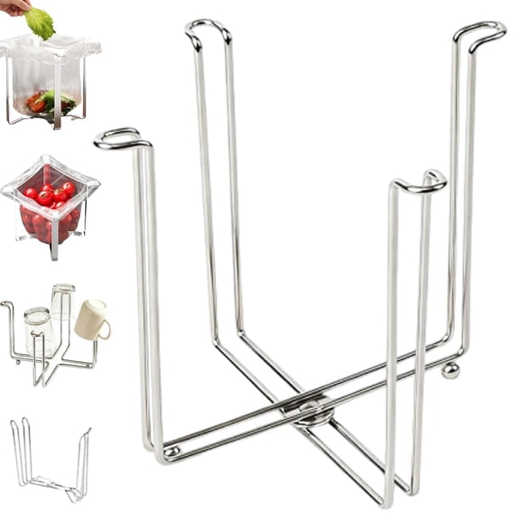 Foldable Stainless Steel Trash Bag Holder, Hands-Free Bag Stand Rack for Kitchen Desktop Multi-Purpose Pot Lid Cutting Board (1 Pack, Silver)