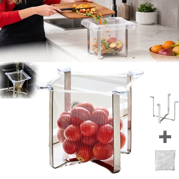 Foldable Stainless Steel Trash Bag Holder with Mesh Filter, 304 Stainless Steel Kitchen Countertop Trash Bag Stand for Desktop, Camping, Outdoor, RV, Tailgate, Picnic, Patio, Yard Cleanup