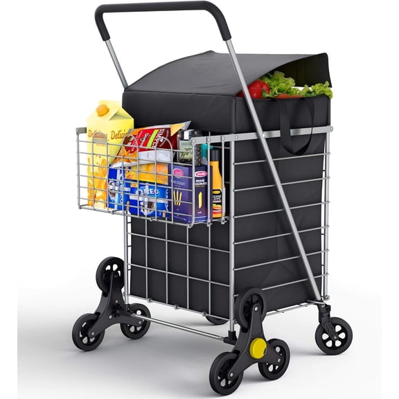 Foldable Stair-Climbing Utility Cart with Waterproof Basket Liner and 360 Swivel Wheels - Silver