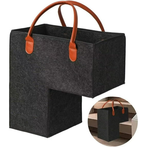 Foldable Stair Step Basket with Leather Handle - Durable for Toys, Clothes, Books, Computers (Dark Grey)