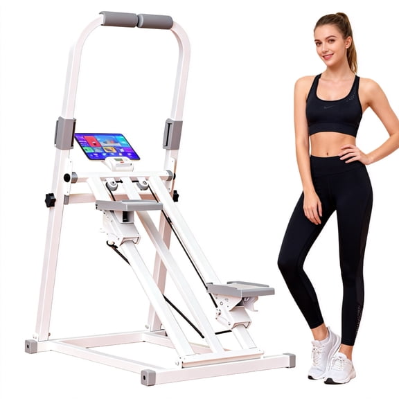 Foldable Stair Stepper Exercise Machine with Handlebar, Adjustable Resistance Quiet Climber with Timer & Phone Holder, Cardio Fitness Equipment for Home Gym, White