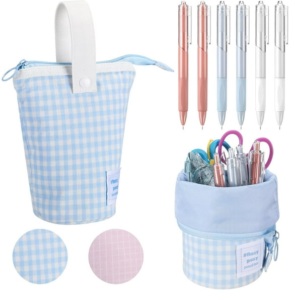 Foldable Standing Pencil Case and Six Gel Pens, Big Capacity Portable Pen Holder Aesthetic Pencil Pouch Holder Cosmetics Bag with Handle for Office Supplies (Blue)