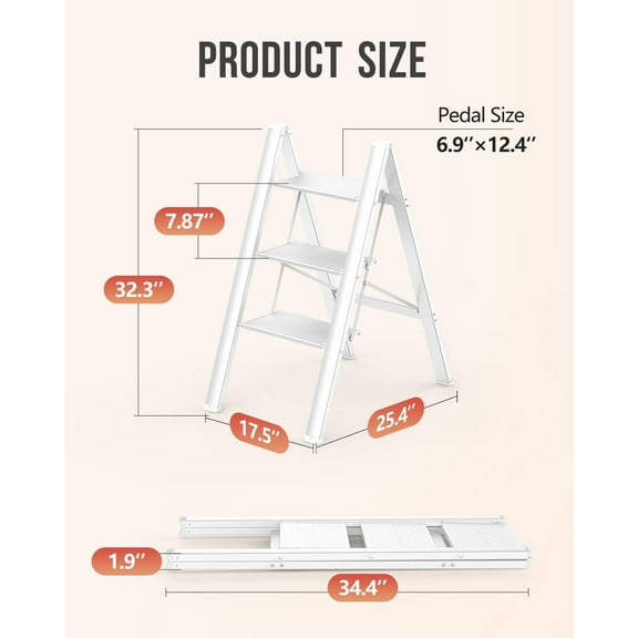 Foldable Step Ladder, Aluminum Lightweight Ladder with Anti-Slip Pedals, 300lbs Capacity, Portable for Home Kitchen Closet