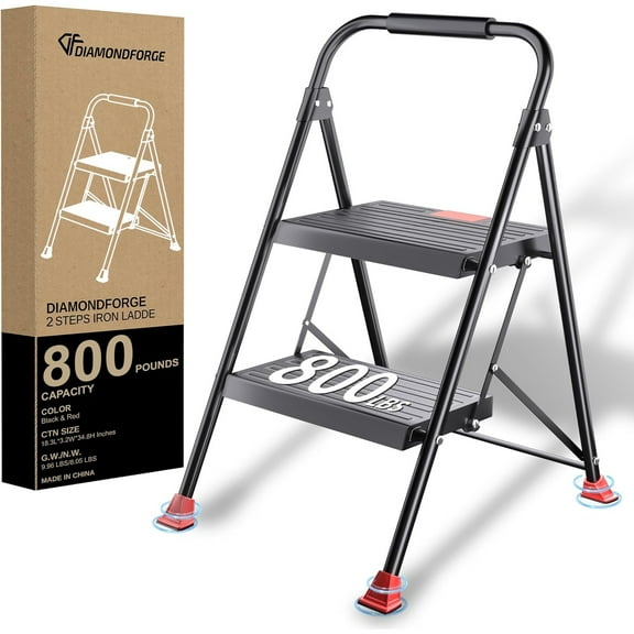 Foldable Step Ladder Stool - 2-Stepping Extension Tall Heavy Duty with Handrails, 800Lbs Capacity for Home Adults Kitchen, Closet Indoor House Extendable Stepstool Stair Ladders