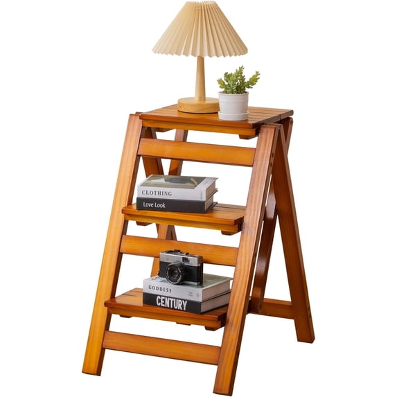 Foldable Step Ladder Wooden Step Stool with Floor Saver Decorative Ladder Shelf for Living Room Kitchen Garden(Walnut)