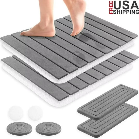 Foldable Stone Bath Mat, Non-Slip Diatomaceous Earth Bath Mat, Super Absorbent Quick Drying Bath Stone Mat, Sleek & Luxury Bath mat for Bathroom Kitchen Bathtub, 23.4 * 15.4" Gray - 2 Pack