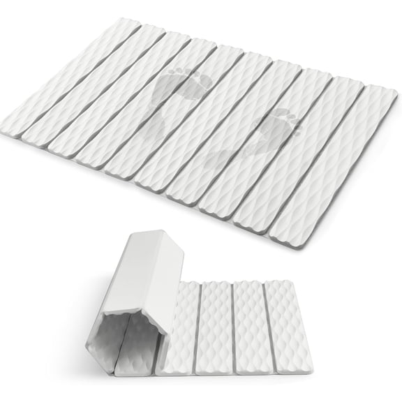 Foldable Stone Bath Mat, Quick-Dry Diatomaceous Earth Stone Drying Mat for Bathroom, Non-Slip Rubber Base, Shower Mat Outside Shower, Easy to Store, Easy to Clean White
