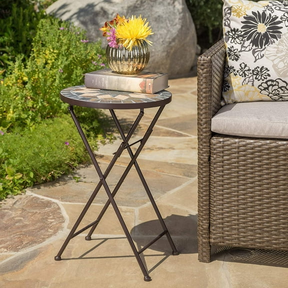 Outdoor Stone Side Table with Iron Frame, Beige / Black