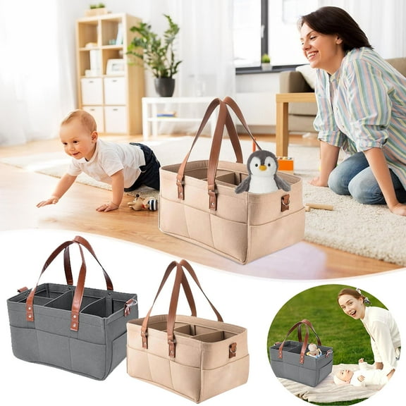 Foldable Storage Bag Organizer | Portable Multi-Purpose Tote with Removable Compartments | Large Capacity 33x18x15cm | 8 Pockets | Lightweight Fabric | Gray with Brown Handle | Travel Storage