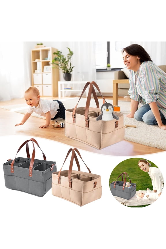 Foldable Storage Bag Organizer | Portable Multi-Purpose Tote with Removable Compartments | Large Capacity 33x18x15cm | 8 Pockets | Lightweight Fabric | Gray with Brown Handle | Travel Storage