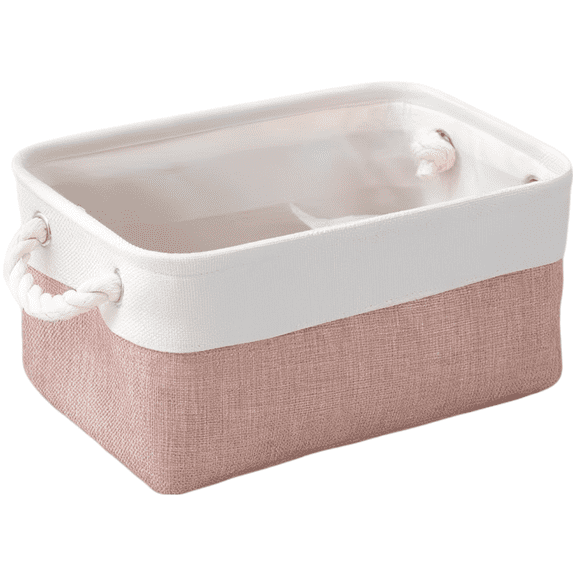 Foldable Storage Basket Bin, Medium Cotton Linen Fabric for Shelves, Long-Term Handles, Open-Top Organizer Box, Closet Storage Box for Clothes, Toys, White & Pink