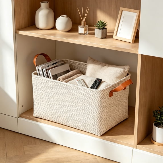 Foldable Storage Basket Bin with Handles Decorative Organizer for Wardrobe Shelf Bedroom Living Room Toys Blankets Clothes(M)
