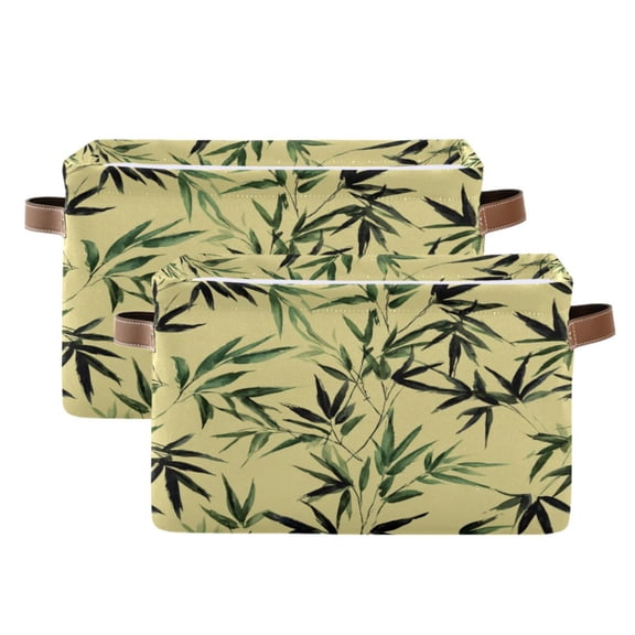 Foldable Storage Basket,Canvas Fabric Foldable Storage Bins with Handles Open Home Storage Bins Boxes for Toy Book Shelf Closet Baskets Bamboo and Green Leaves