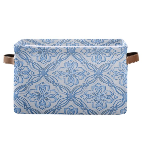 Foldable Storage Basket,Canvas Fabric Foldable Storage Bins with Handles Open Home Storage Bins Boxes for Toy Book Shelf Closet Baskets Blue Elegant Geometric Design