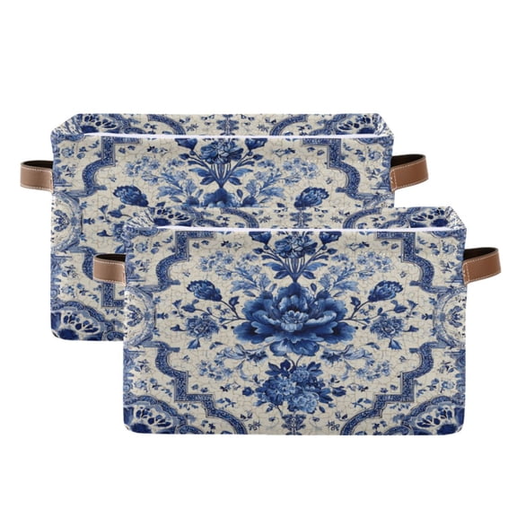 Foldable Storage Basket,Canvas Fabric Foldable Storage Bins with Handles Open Home Storage Bins Boxes for Toy Book Shelf Closet Baskets Blue and White Porcelain-style