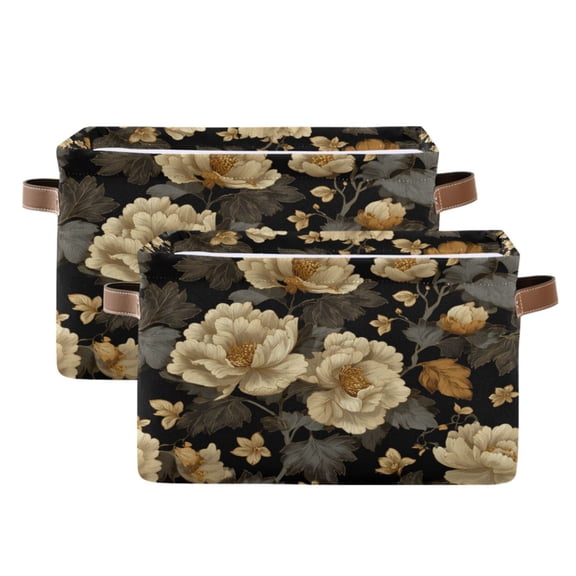 Foldable Storage Basket,Canvas Fabric Foldable Storage Bins with Handles Open Home Storage Bins Boxes for Toy Book Shelf Closet Baskets Elegant Beige Floral