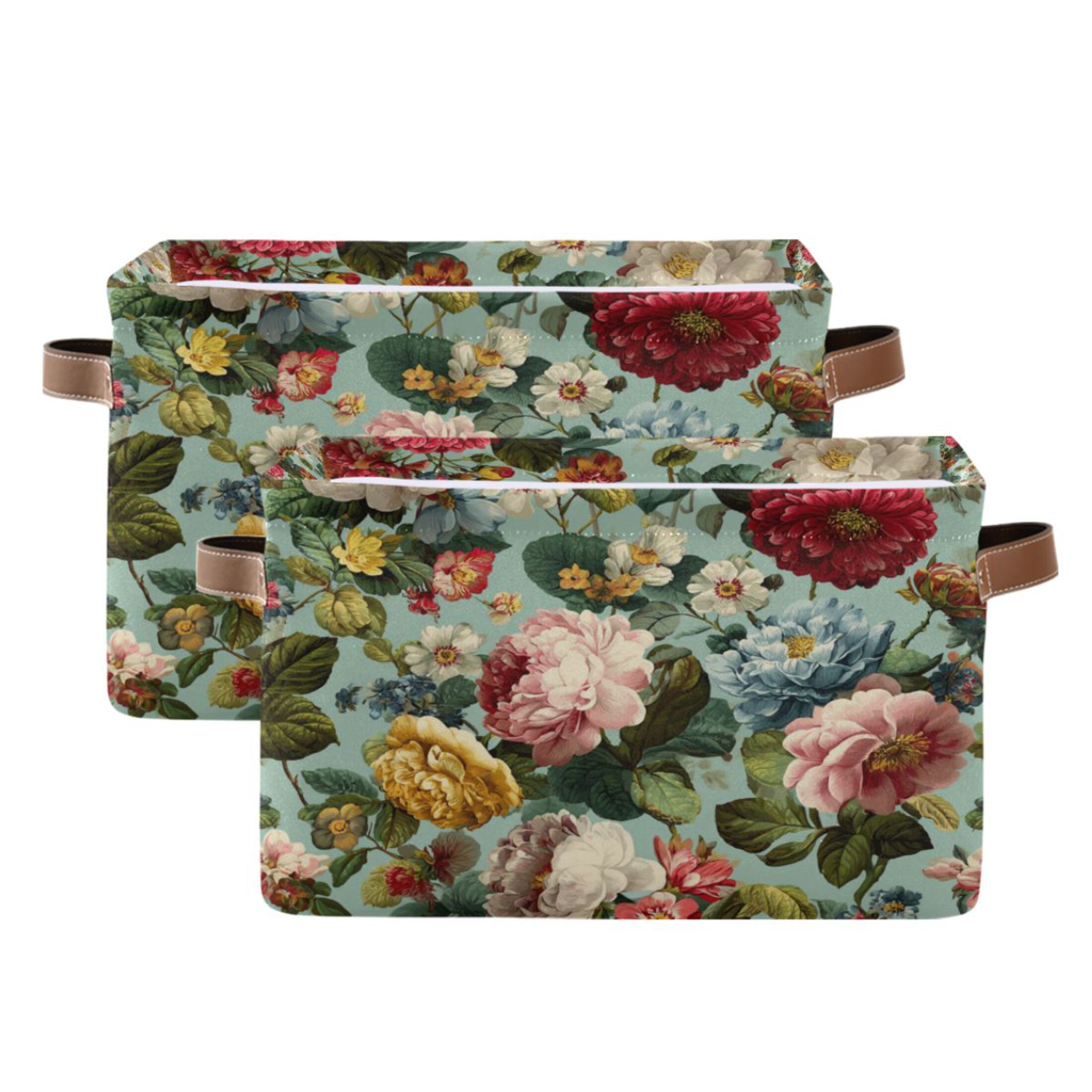 Foldable Storage Basket,Canvas Fabric Foldable Storage Bins with Handles Open Home Storage Bins Boxes for Toy Book Shelf Closet Baskets Floral Pattern with Roses