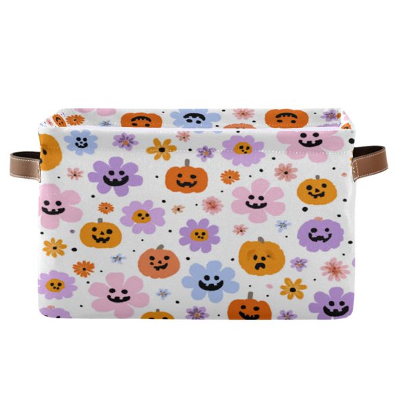 Foldable Storage Basket,Canvas Fabric Foldable Storage Bins with Handles Open Home Storage Bins Boxes for Toy Book Shelf Closet Baskets Flowers and Smiling Pumpkins