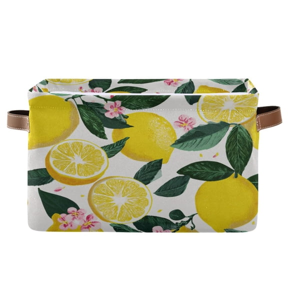 Foldable Storage Basket,Canvas Fabric Foldable Storage Bins with Handles Open Home Storage Bins Boxes for Toy Book Shelf Closet Baskets Lemons and Pink Flowers