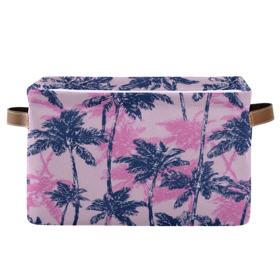Foldable Storage Basket,Canvas Fabric Foldable Storage Bins with Handles Open Home Storage Bins Boxes for Toy Book Shelf Closet Baskets Navy Blue Palm Tree