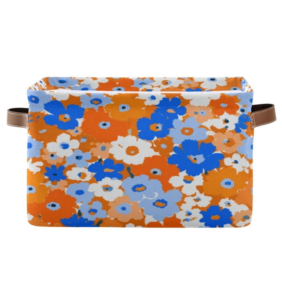 Foldable Storage Basket,Canvas Fabric Foldable Storage Bins with Handles Open Home Storage Bins Boxes for Toy Book Shelf Closet Baskets Orange and Blue Small Flowers