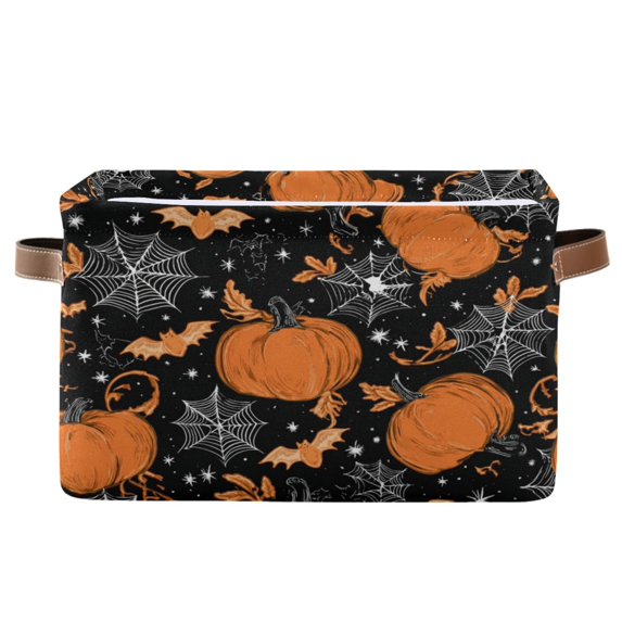 Foldable Storage Basket,Canvas Fabric Foldable Storage Bins with Handles Open Home Storage Bins Boxes for Toy Book Shelf Closet Baskets Orange Pumpkins and Spider Webs
