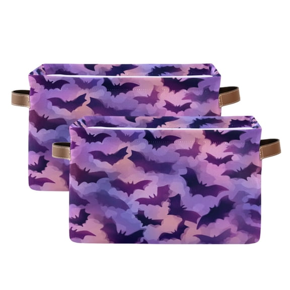 Foldable Storage Basket,Canvas Fabric Foldable Storage Bins with Handles Open Home Storage Bins Boxes for Toy Book Shelf Closet Baskets Purple Bats Pattern