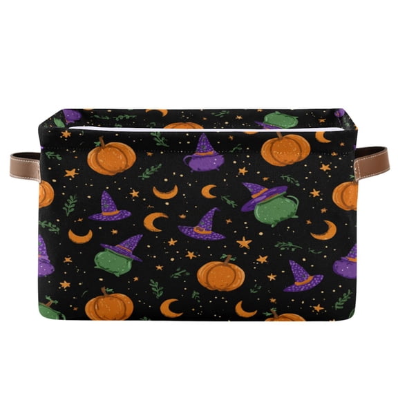 Foldable Storage Basket,Canvas Fabric Foldable Storage Bins with Handles Open Home Storage Bins Boxes for Toy Book Shelf Closet Baskets Purple and Orange Halloween Icons