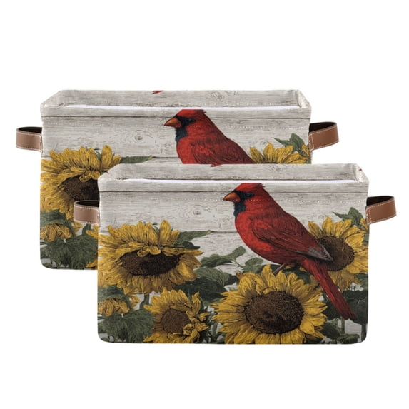 Foldable Storage Basket,Canvas Fabric Foldable Storage Bins with Handles Open Home Storage Bins Boxes for Toy Book Shelf Closet Baskets Red Bird Sitting on Sunflower