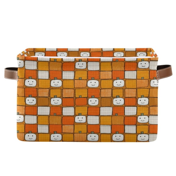 Foldable Storage Basket,Canvas Fabric Foldable Storage Bins with Handles Open Home Storage Bins Boxes for Toy Book Shelf Closet Baskets Squares with Smiling Pumpkins