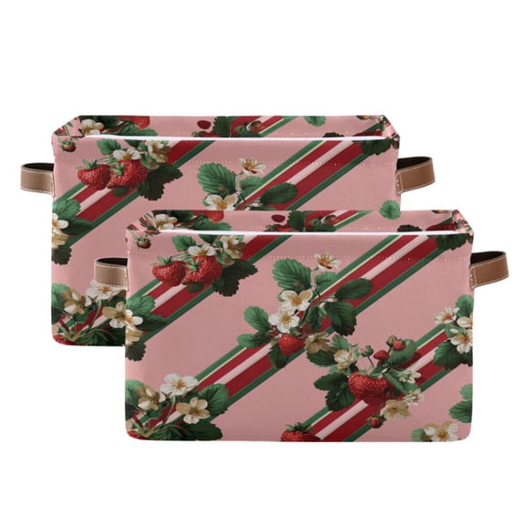 Foldable Storage Basket,Canvas Fabric Foldable Storage Bins with Handles Open Home Storage Bins Boxes for Toy Book Shelf Closet Baskets Strawberry and Ribbon