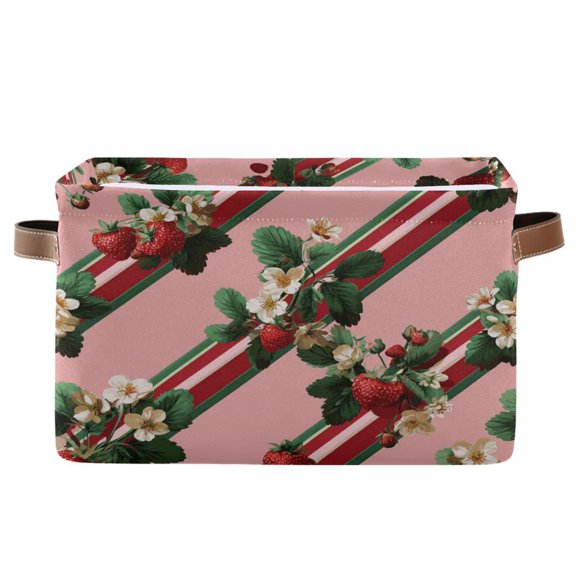 Foldable Storage Basket,Canvas Fabric Foldable Storage Bins with Handles Open Home Storage Bins Boxes for Toy Book Shelf Closet Baskets Strawberry and Ribbon