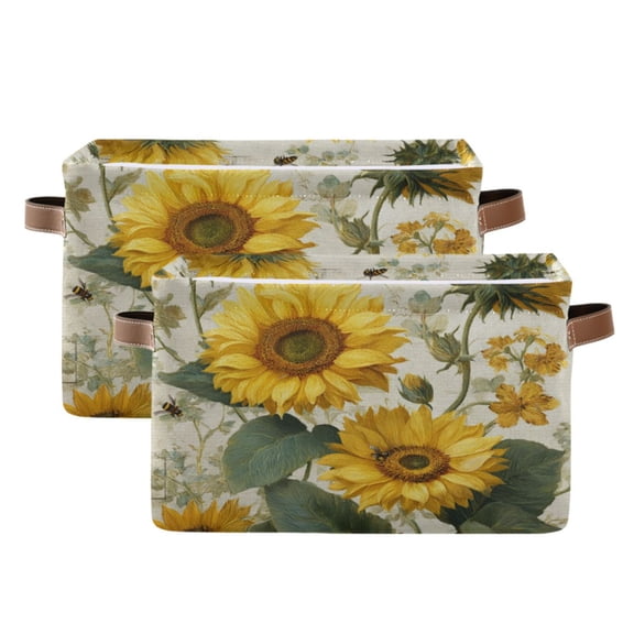 Foldable Storage Basket,Canvas Fabric Foldable Storage Bins with Handles Open Home Storage Bins Boxes for Toy Book Shelf Closet Baskets Sunflower and Bee Pattern