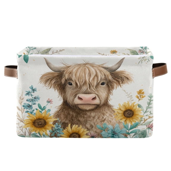Foldable Storage Basket,Canvas Fabric Foldable Storage Bins with Handles Open Home Storage Bins Boxes for Toy Book Shelf Closet Baskets Sunflowers and Highland Cow