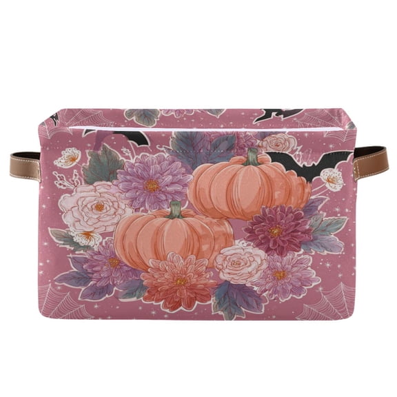 Foldable Storage Basket,Canvas Fabric Foldable Storage Bins with Handles Open Home Storage Bins Boxes for Toy Book Shelf Closet Baskets Vintage Flowers and Pumpkins