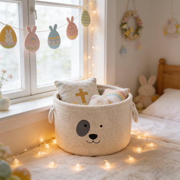 Foldable Storage Basket, Cloth Fabric Storage Bin with Handles, Soft Organizer for Home Clothing Toys, Collapsible Storage Basket for Shelves, White