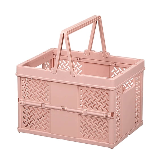 Foldable Storage Basket, Portable Plastic Picnic Basket With Handles Collapsible Vegetable Fruit Crate Outdoor Camping Shopping Grocery Organizer Box 9.5x7.1x6.5in Pink