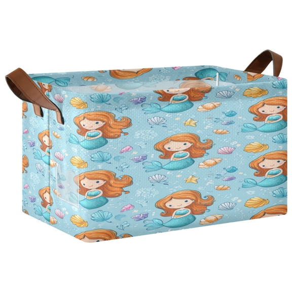 Foldable Storage Basket Waterproof Fabric Features Metal Frame + Hollow Board Support For Clothing and Toy Storage Mediumx1 Little Mermaids and Seashells