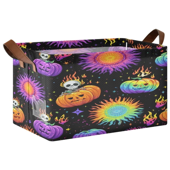 Foldable Storage Basket Waterproof Fabric Features Metal Frame + Hollow Board Support For Clothing and Toy Storage Mediumx2 Halloween Pumpkin Spooky Pattern