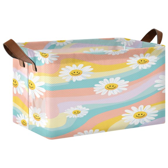 Foldable Storage Basket Waterproof Fabric Features Metal Frame + Hollow Board Support For Clothing and Toy Storage Mediumx2 Smiling Daisies with Rainbow
