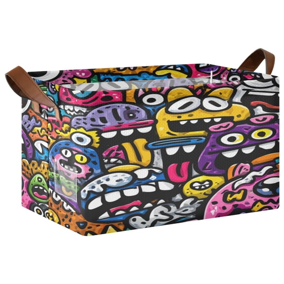 Foldable Storage Basket Waterproof Fabric Features Metal Frame + Hollow Board Support For Clothing and Toy Storage Mediumx1 Colorful Cartoon Monsters