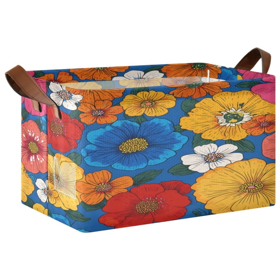 Foldable Storage Basket Waterproof Fabric Features Metal Frame + Hollow Board Support For Clothing and Toy Storage Mediumx1 Colorful Dahlia Flowers