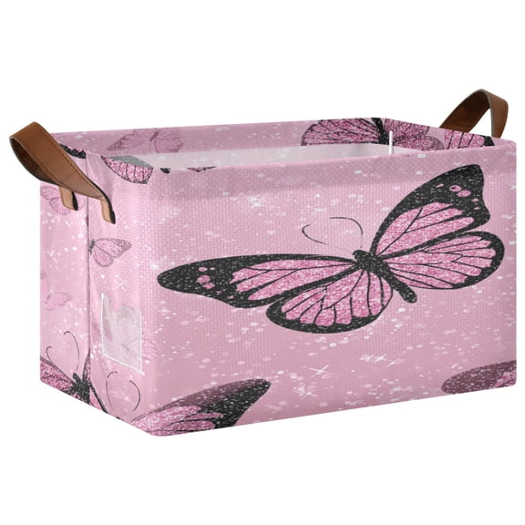 Foldable Storage Basket Waterproof Fabric Features Metal Frame + Hollow Board Support For Clothing and Toy Storage Mediumx1 Pink Sequin Butterfly