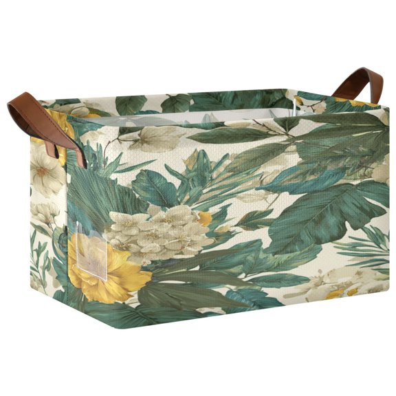 Foldable Storage Basket Waterproof Fabric Features Metal Frame + Hollow Board Support For Clothing and Toy Storage Mediumx1 Tropical Plants