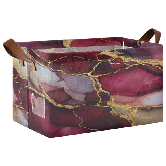 Foldable Storage Basket Waterproof Fabric Features Metal Frame + Hollow Board Support For Clothing and Toy Storage Mediumx1 Wine-red Marble