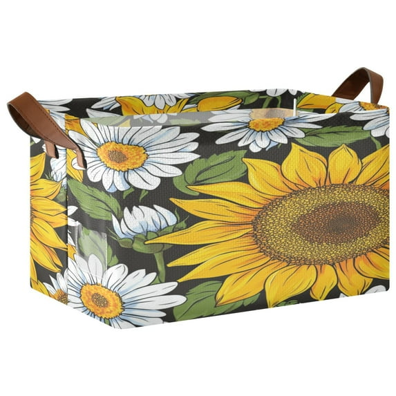 Foldable Storage Basket Waterproof Fabric Features Metal Frame + Hollow Board Support For Clothing and Toy Storage Mediumx2 Painting Daisy Sunflowers