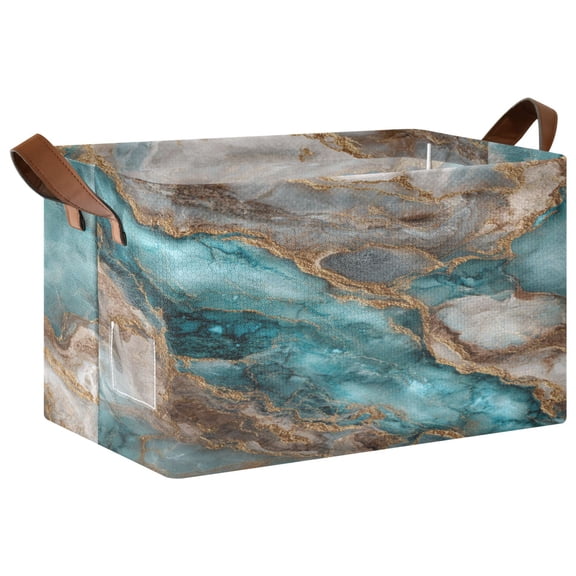 Foldable Storage Basket Waterproof Fabric Features Metal Frame + Hollow Board Support For Clothing and Toy Storage Mediumx2 Turquoise and Gold Marble