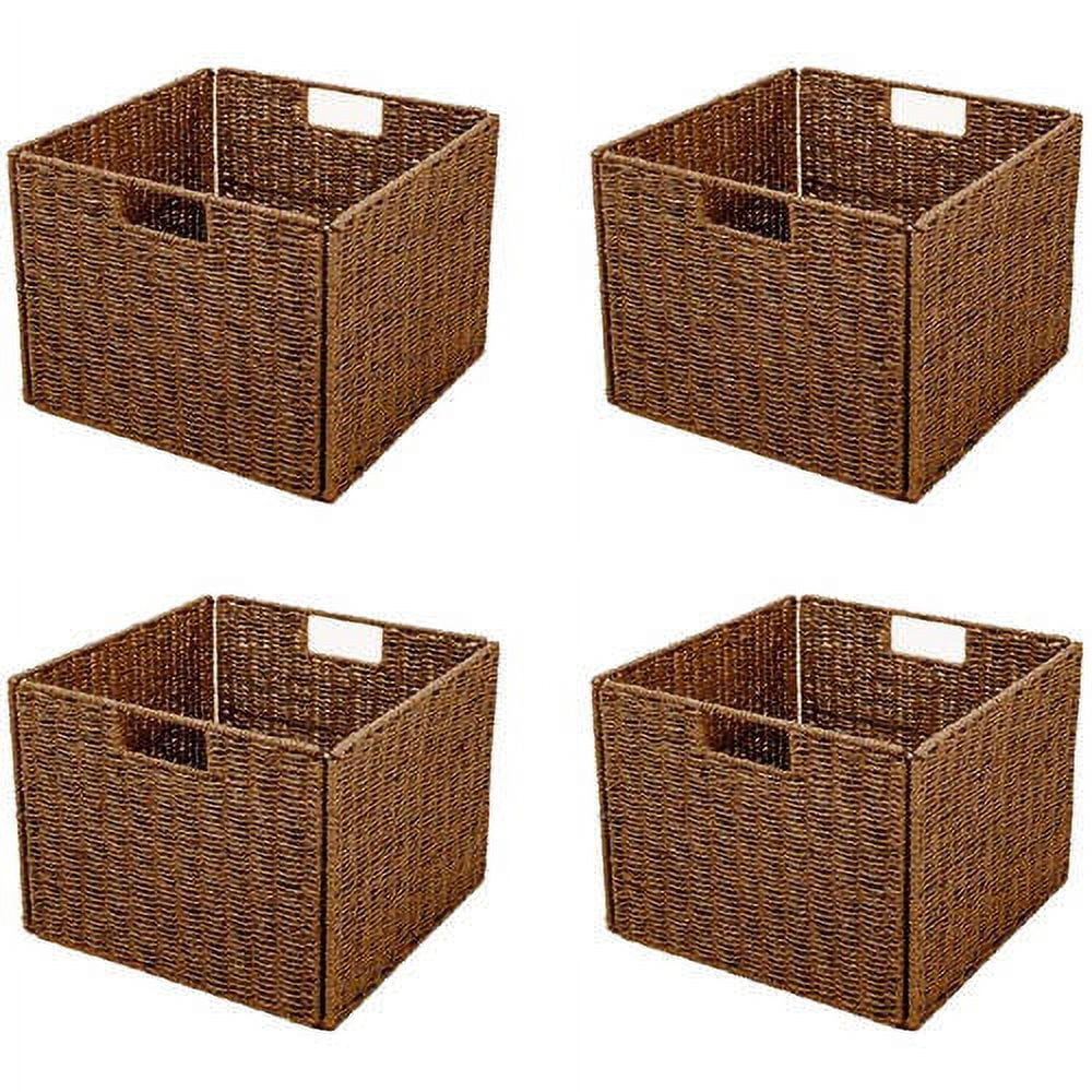 Walnut Brown Foldable Paper Rope Storage Baskets with Iron Frame, Set of 4