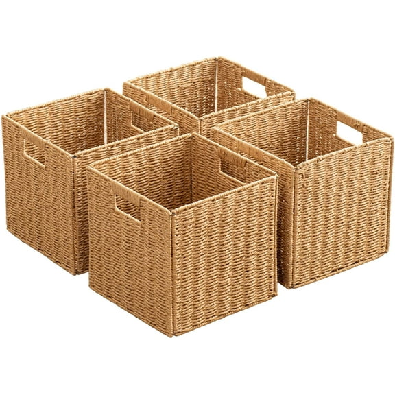 Foldable Storage Baskets with Handles Paper Rope Storage Baskets Rectangle Collapsible Hand Woven Storage Cubes Bins for Organizing Shelves Living Room Bedroom Pantry (4, 11'' x 11'' x 11'')