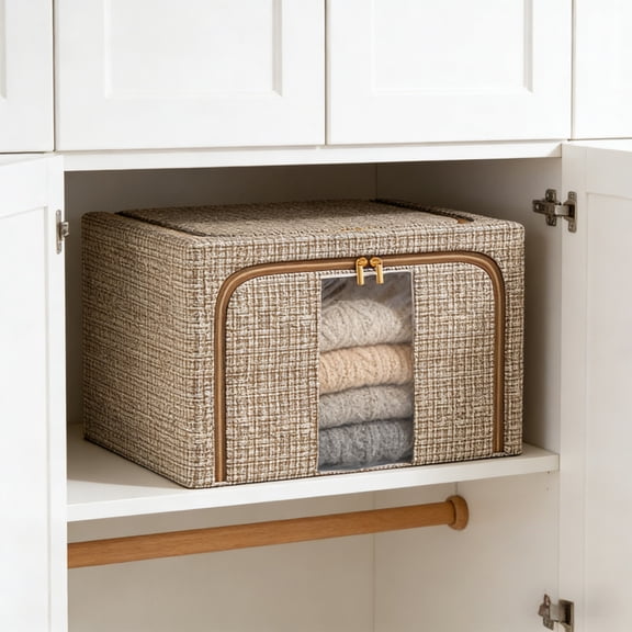 Foldable Storage Bin with Clear Window, 16x12x8 Inch Fabric Collapsible Organizer Box, Steel Frame Closet Storage for Clothes, Bedding, Toys, Stackable Home Organization